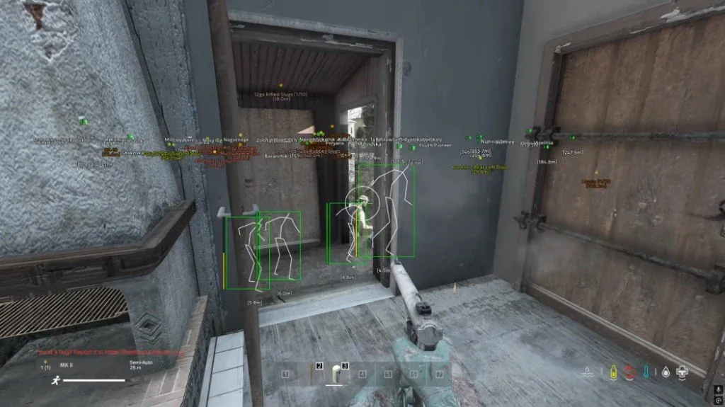 Indoor pistol view with white skeleton outlines and green boxes on players through walls.